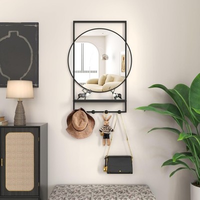28 x20 Inch Entryway Mirror with Hooks, Bathroom Mirror with Shelf, Rectangul...