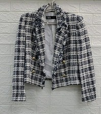 New ZARA Textured Double Breasted Cropped Blazer Blue/White Size L