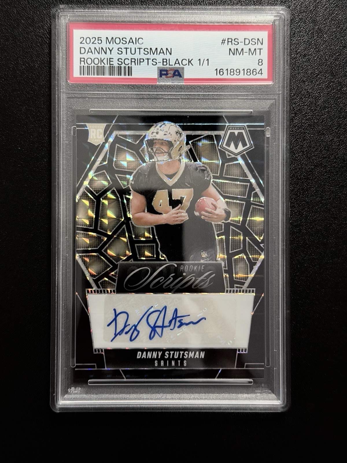 2025 Mosiac Danny Stutsman Rookie Scripts Black Saints 1/1 PSA 8 view 3