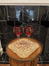 vintage Czechoslovakian or Bohemian hand-blown red glass wine glasses
