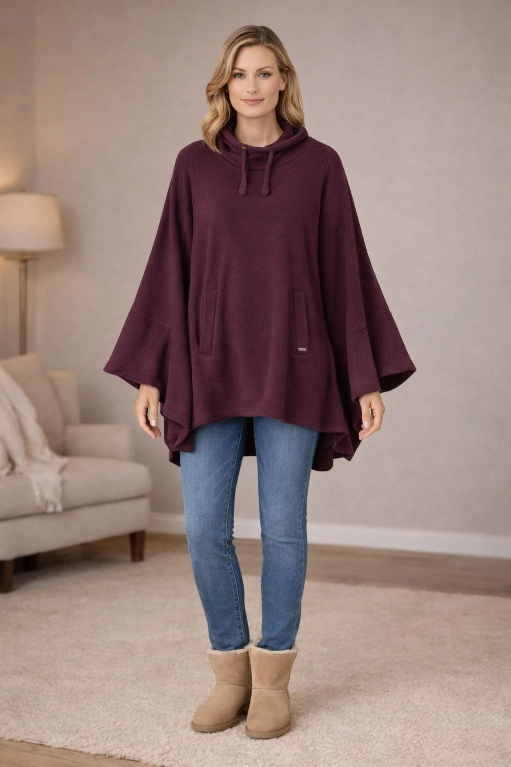 UGG Burgundy Poncho Sweater XS-S Cowl Neck Cape Fleece Cozy #UA6132W