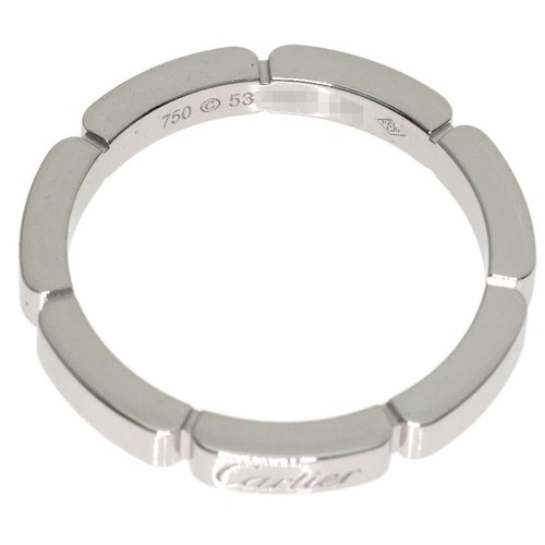 Silver ring with rectangular shape, engraved with “Cartier” and “Mayon PANTHERE #53,” on white gold band.