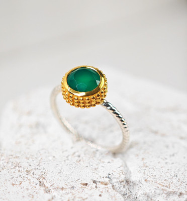 Green Onyx Ring 925 Silver 18k Gold Plated, Sterling Silver Ring Two Tone Ver