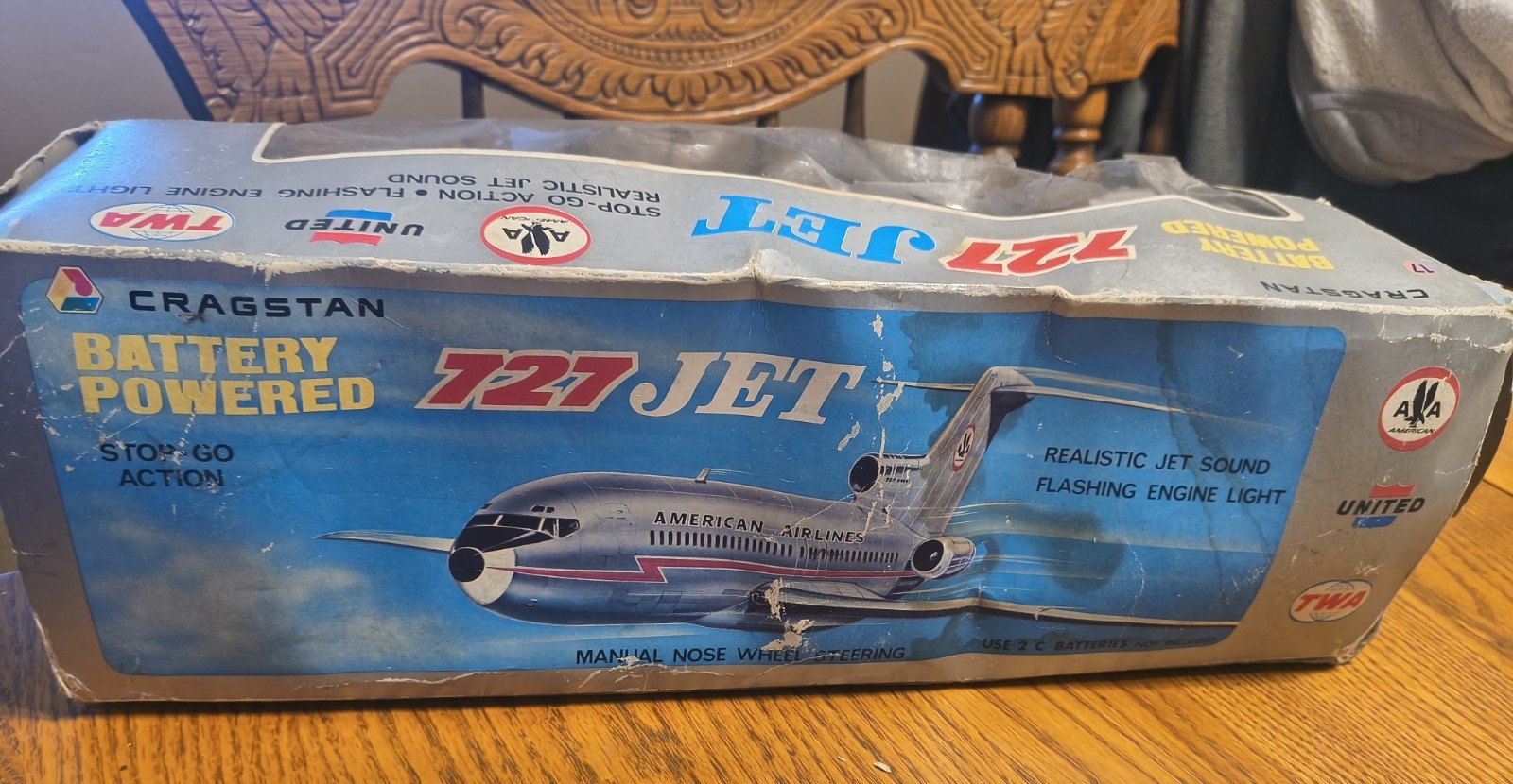 Cragstan 727 Jet TWA Battery Powered Airplane w/ Box 1960s Tin Toy Stop Go...