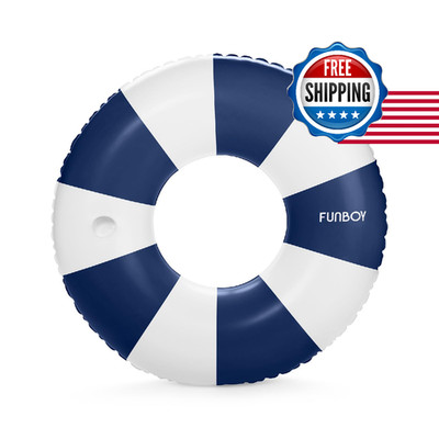 FUNBOY Giant Vintage Navy Blue Stripe Inflatable Tube Pool Float with Cup Holder