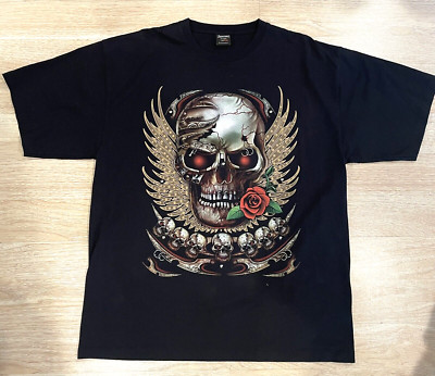 Vintage 90s Y2K SURVIVORS Skulls 3D Wings Rose Studs & Piercings T-Shirt Men 2XL