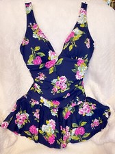 A   Ladies Swimming Costume Size 8-10 S-M Swimming Dress Flowers Blue