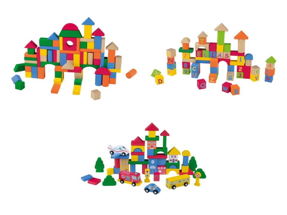 PLAYTIVE Trommel bunte Holzbausteine Bauklötze Bausteine Holzspielzeug Spielzeug Holz