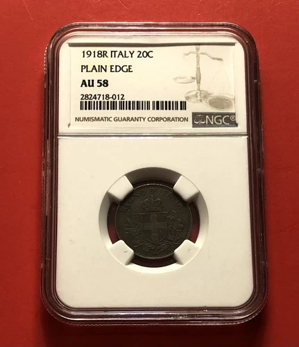 1918R-Italy-20 CENTESIMI PLAIN EDGE COIN,GRADED BY NGC AU 58..