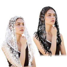 2 Pcs Mass Veil Triangle Mantilla Cathedral Head Covering,Chapel Veil Lace Shawl