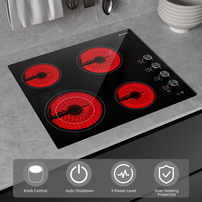 23 Inch Electric Cooktop 4 Burner Built-In, 220-240V Power Knob Control 6700W