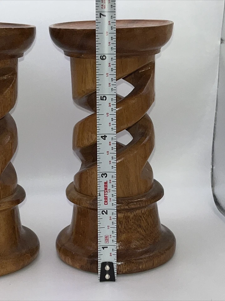 Винтажный художественный резной деревянный спиральный закрученный полый подсвечник ручной работы - набор из 2 - Изображение 2 из 4