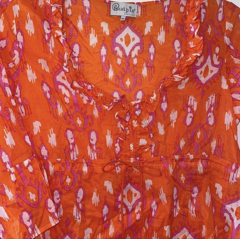 Грязь пирог платье женщин средний оранжевый розовый Ikat оборки плавать прикрыть богемное удобный M - Изображение 2 из 4