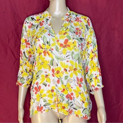 AK Anne Klein Sheer Floral Silk Tie Waist Blouse Large