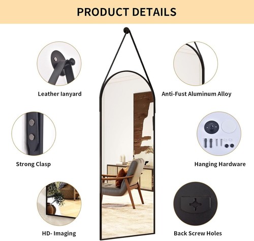 Elegant 16''x48'' Arched Full Length Mirror with Leather Strap - Black - Picture 6 of 11