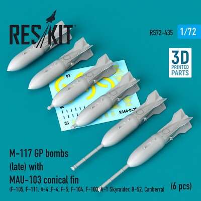 1/72 Reskit RS72-0435 M-117 GP bombs (late) with MAU-103 conical fin (6 pcs) (F-