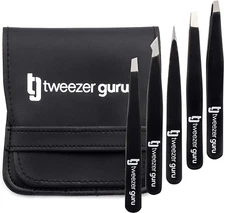 Tweezers Set 5-Piece - Tweezer Guru Stainless Steel Slant Tip and Pointed Eyebro