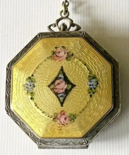 VINTAGE R&G Co STERLING SILVER Yellow ENAMEL HandPainted Flowers Make-up COMPACT
