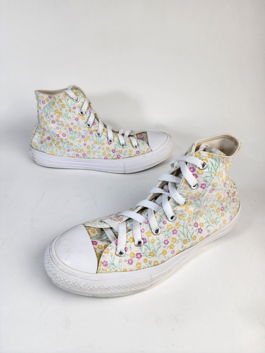 Converse All Star High Top Floral Print Sneakers Size Girls White Pink  Yellow