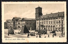 Karlsruhe, Platz mit Strassenbahn, Ansichtskarte 