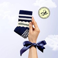 Elliosa Pilates Grip Socks Navy Blue White Striped Non Slip Crew Yoga Barre