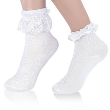 2 Pairs White Ruffle Lace Frilly Ankle Socks Comfortable Cotton Princess