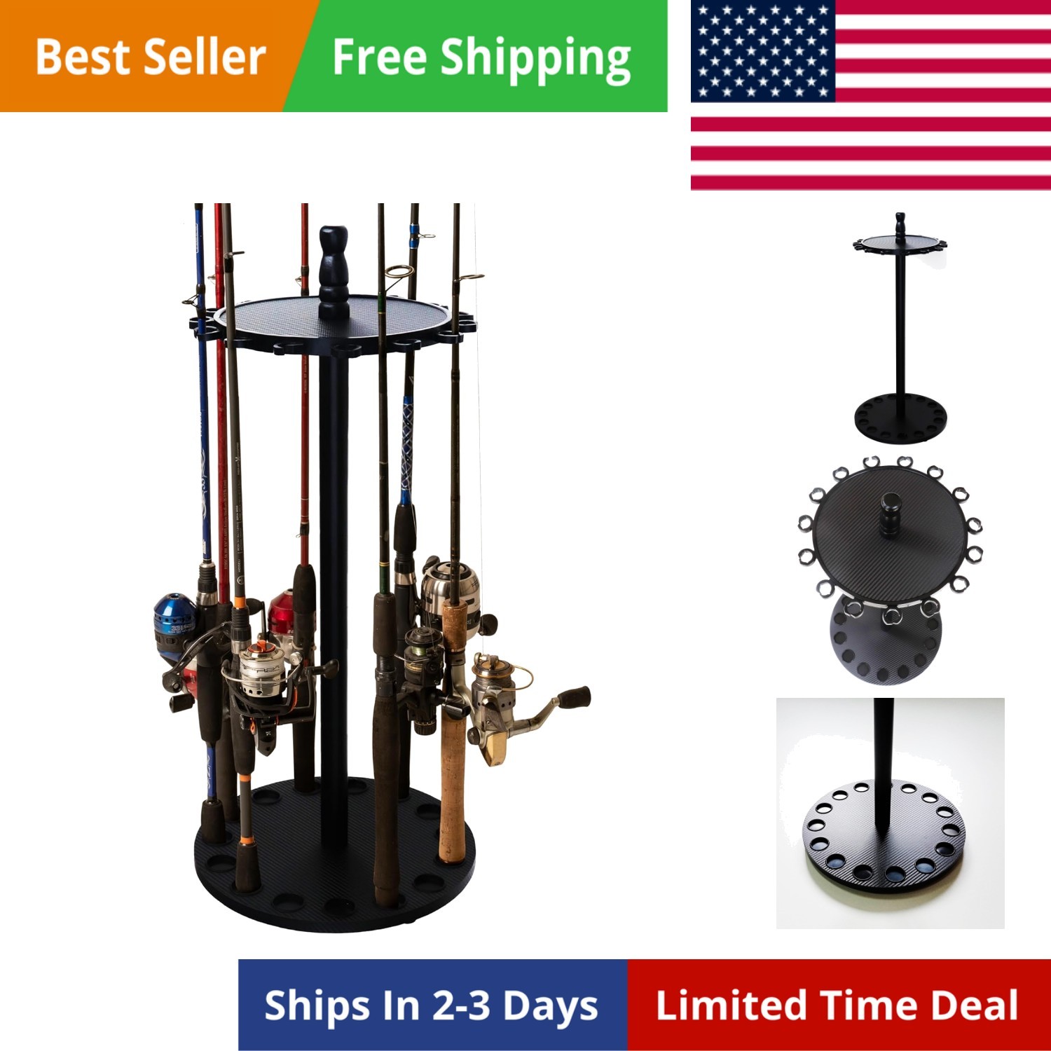 Round Floor Rack for Fishing Rods and Reels, Holds up to 15 Rod and Reel Combos