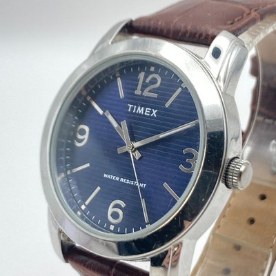 Timex Mens Watch 39mm Silver Tone Blue Striped Dial Leather WR New Battery 9.25''