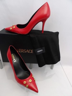 NIB VERSACE RED LEATHER GOLD MEDUSA LOGO STUDS  PUMPS 39
