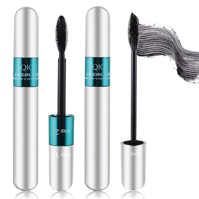 2 Pack 2 in 1 QIC 5x Longer Washable Black Mascara, 4D Silk Fiber Lash 2 Step...