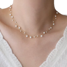 Stainless Steel Pearl Chain Choker Necklace Women Waterproof Jewelry