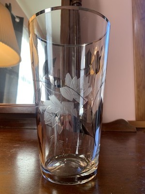 Bohemia Crystal Czech Glass Vase with White Gold Trim & Etched Flowers