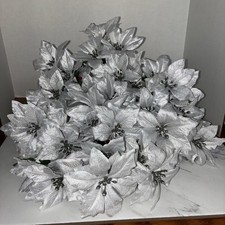 15 glittery silver 9  Faux Poinsettia Flowers Picks