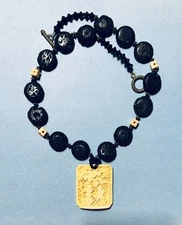 24" Hand Made Artisan Necklace - Lava Stone And Carved Drop Pendant