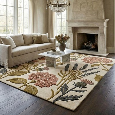 Luxury Hand Tufted Wool Rug 3D Floral Textured Cream Sage Pink Large Area Rug