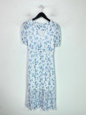 Warehouse White Blue Floral Midi Fit & Flare Button Up Dress Short Sleeve UK 8