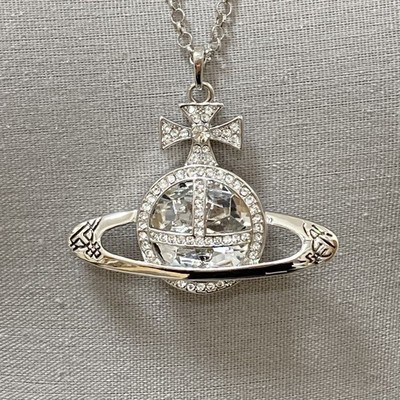 Vivienne Westwood Necklace Long Orb Silver Clear Length 68cm w
