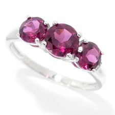 925 Sterling Silver Natural Rhodolite Garnet Three Stone Women Ring Size 6, 7, 8