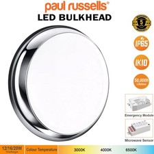 LED Bulkhead Chrome Emergency & Microwave Sensor 12-16-20W IP65, 3CCT, 3 Wattage