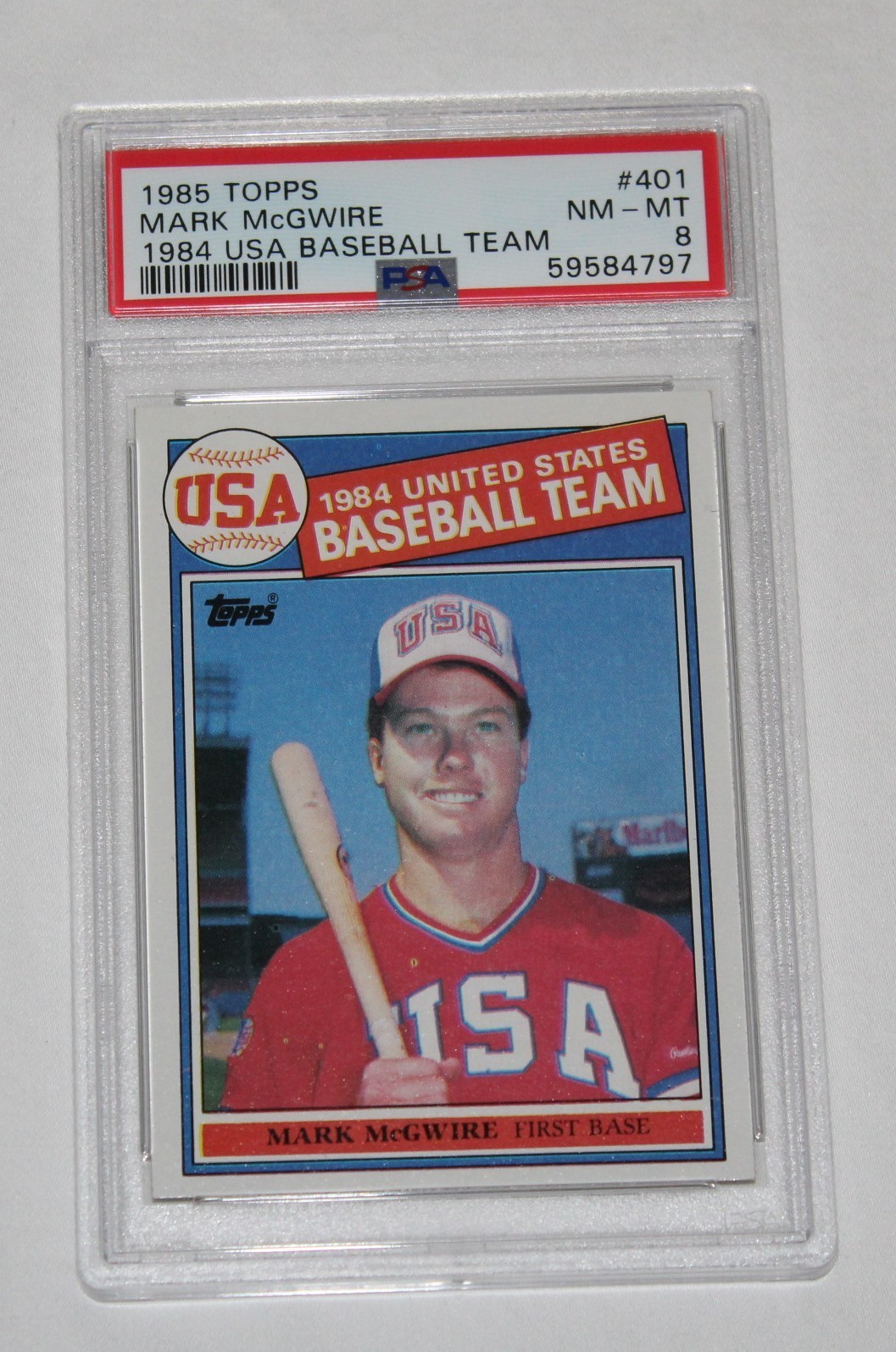 1985 Topps Baseball Card #401 MARK MCGWIRE 1984 Team USA ROOKIE RC PSA 8 NM-MT