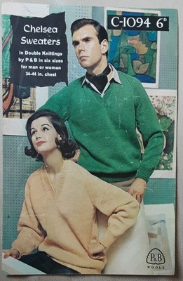 Original Vintage Patons DK Erwachsene V-Ausschnitt Pullover 34''-44'' Strickmuster C1094