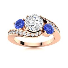 925 Silver Rose Plated 5MM Round White Topaz  Swiss Blue Topaz Three Stone Ring