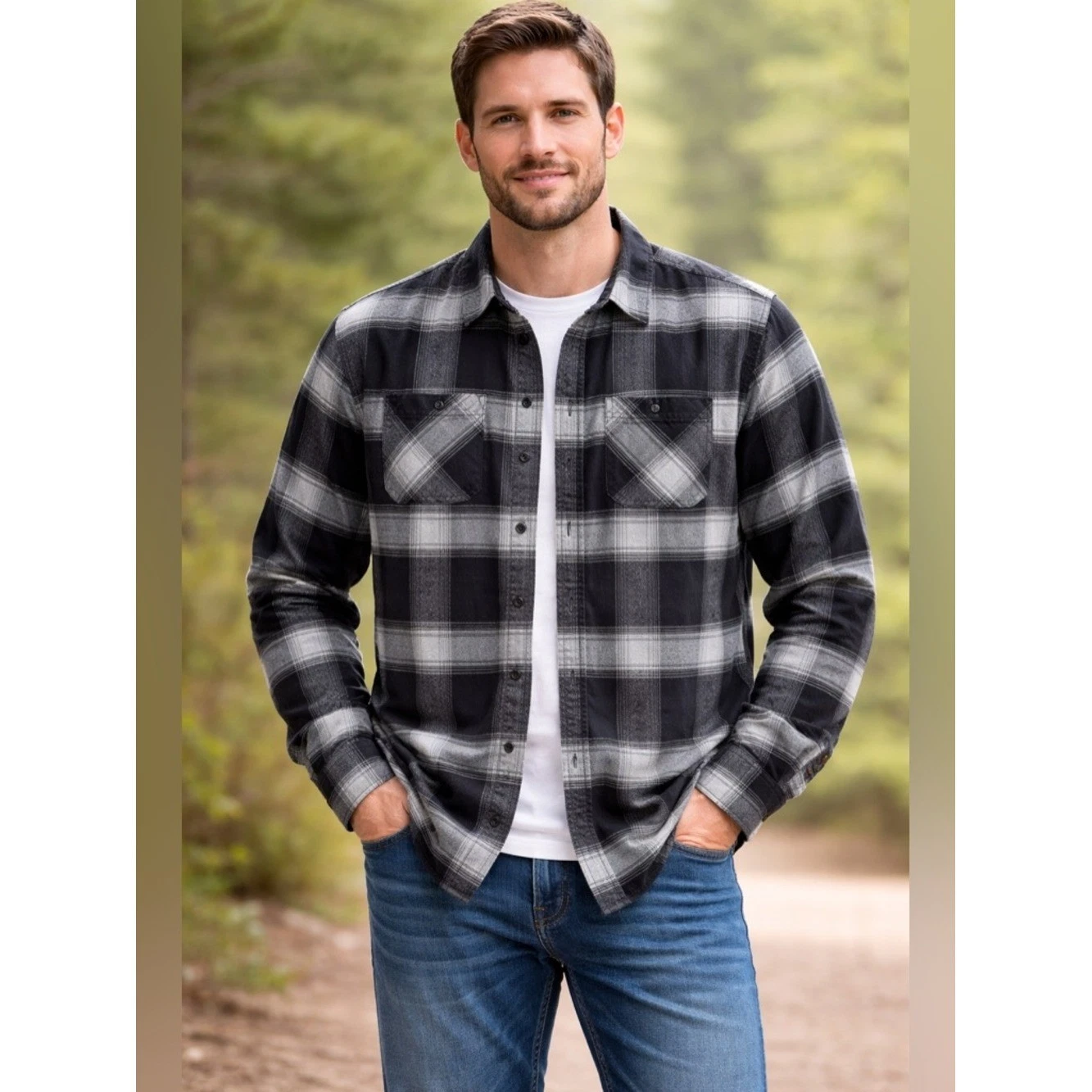 KAVU Men's Black Gray Plaid Flannel Shirt Sz Large Button Front Stretch Outdoor