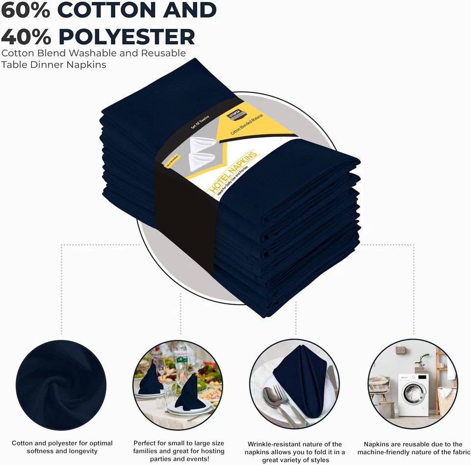Navy Blue Cloth Napkins [12 Pack, 18X18 Inch] Absorbent Cotton Blend Washable an - Image 3 of 4