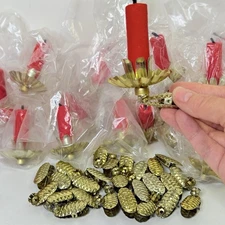 25 Vintage Gold Metal Pinecone Christmas Tree Clip On Candle Holders Flocked