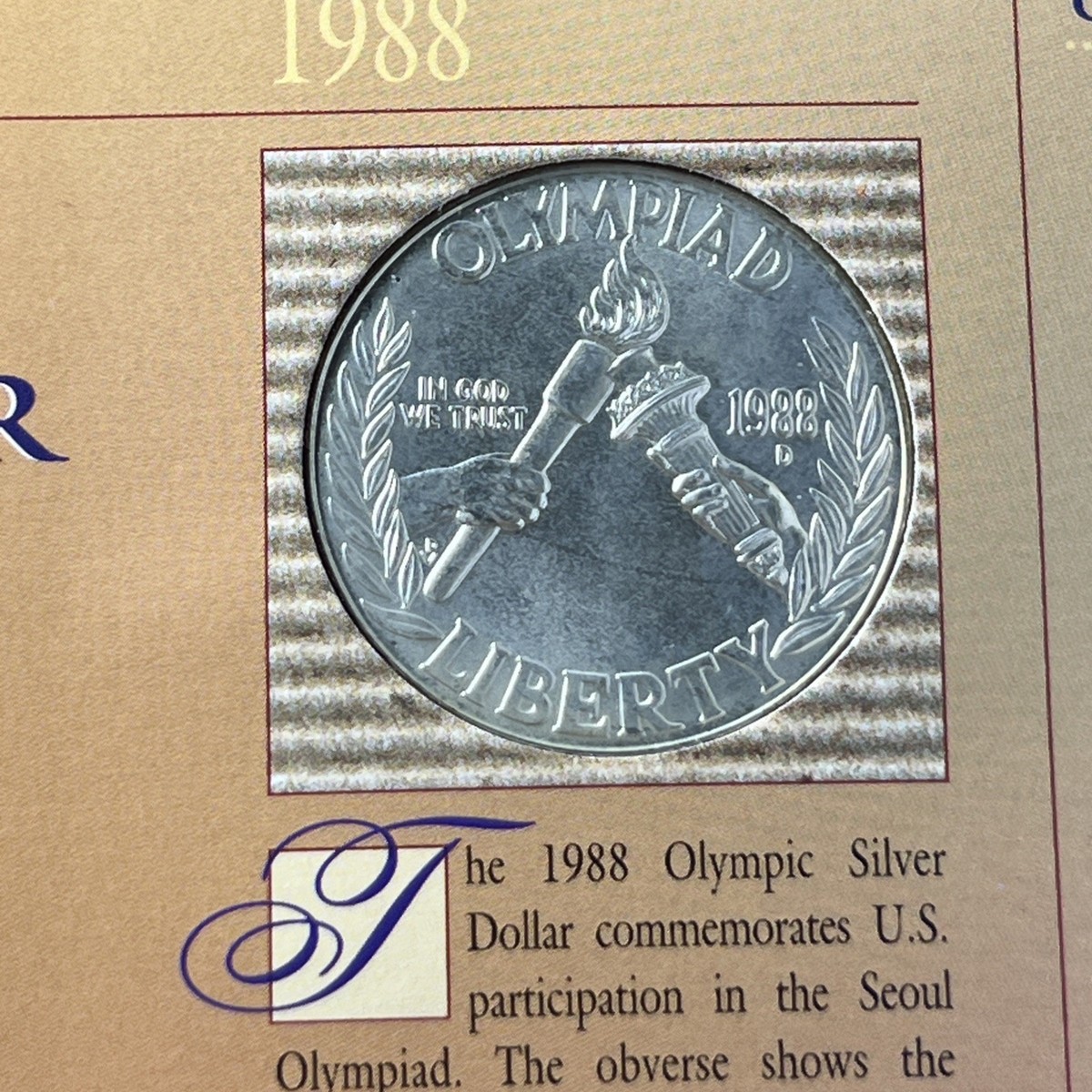 American Historic Society, Olympic 1988 Silver Dollar Card .999