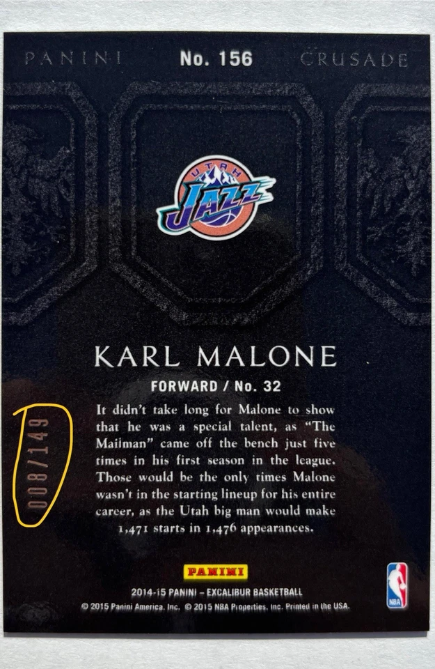 Karl Malone 2014 Panini Crusade Blue #156 Serial Numbered 8/149 - Image 2 of 2