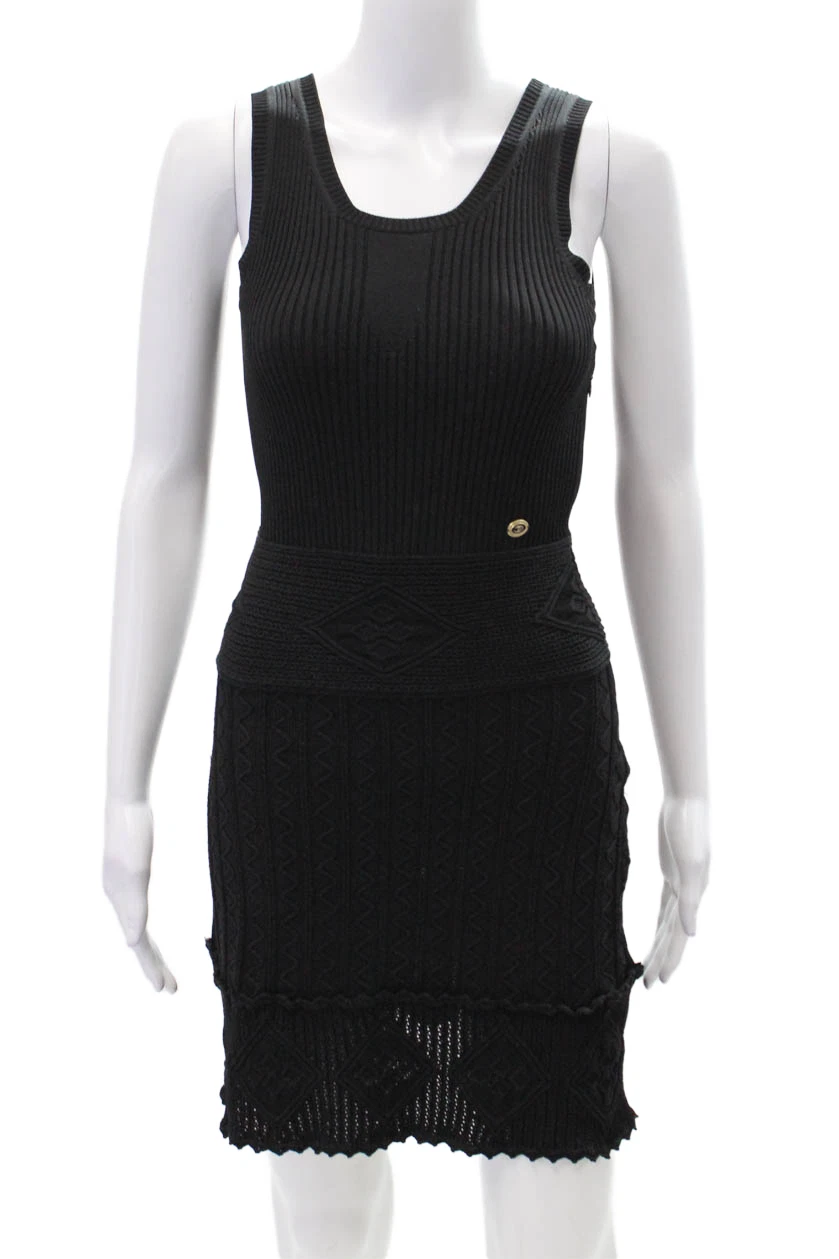 Abito donna Chanel maglia a costine girocollo senza maniche metà polpaccio nero taglia 36