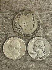 1911-D Barber Half Dollar + 1954-D & 1964 Silver Quarters 3 Coin Lot