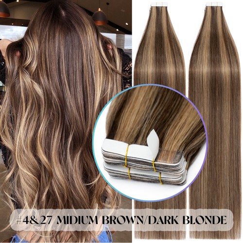Cinta Balayage en Extensiones de Cabello Trama de Piel 100% Real Humano Remy Marrón Mezcla Rubio - Imagen 43 de 60